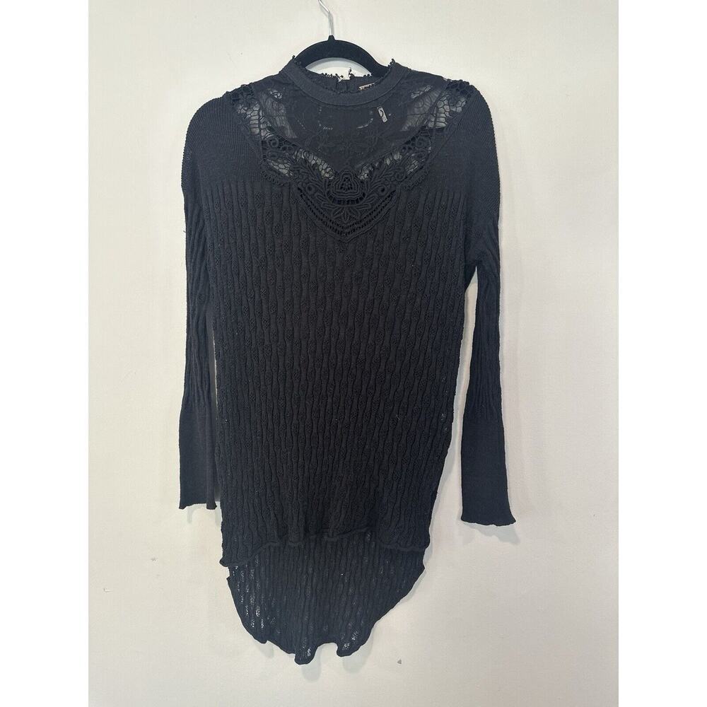 Y2k Free People Black Lace Stretchy Top Tunic Long Sleeve Size XS 1538